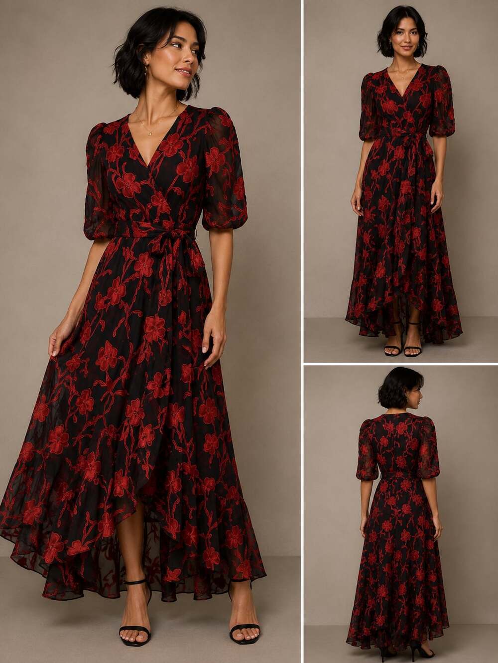 Kensie Women's Black and Red Floral Burnout Velvet Puff-Sleeve Wrap Maxi Dress,